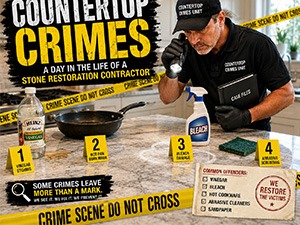 Infographic of a stone restoration contractor at a mock crime scene, with numbered steps and a list of common offenses.