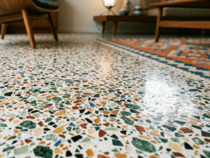 Close-up of a terrazzo floor with green, orange, and black chips in a living room setting.